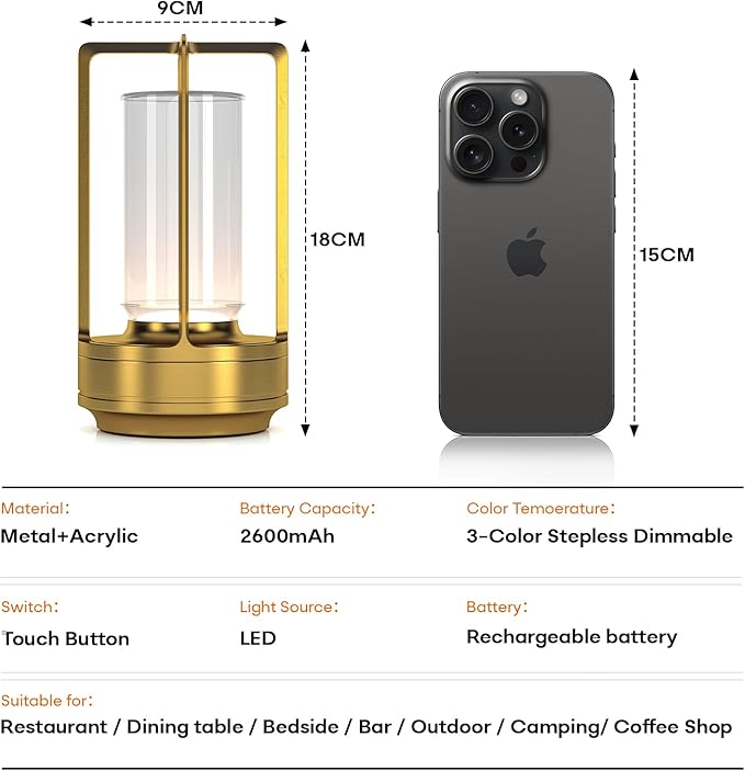 Portable Metal Table Lamp for Indoor/Outdoor ,Rechargeable Cordless LED Lamp, 3-Colour Infinitely Dimming Battery Powered Small Desk Lamp, Restaurant/Bedroom/Bar/Coffee/Camping Light (Gold Set of 2)-Ruum Studio Home