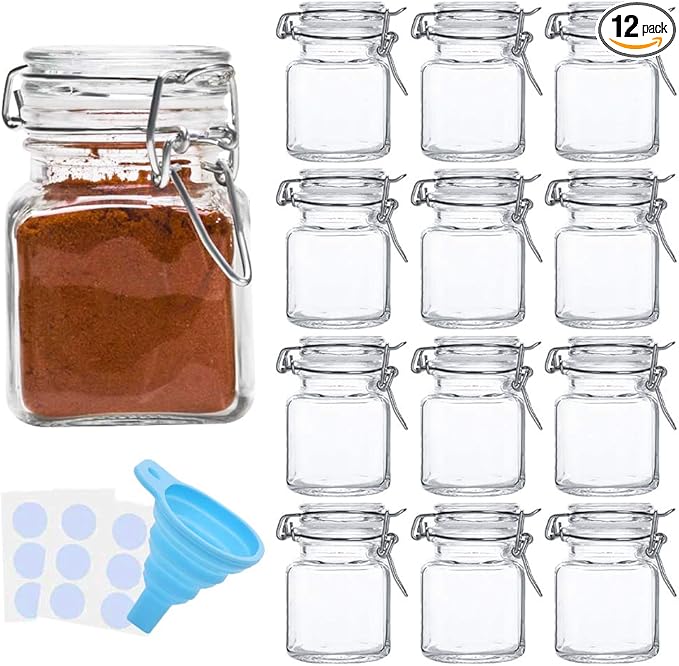 Spice Jars, 12 Pack 4oz Small Glass Jars with Airtight Hinged Lid, With 12 Spice Labels & Silicone Funnels, Airtight Glass Jars for Spices, Art Craft Storage (12 Pack)-Ruum Studio Home