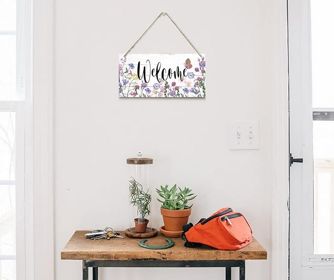 Welcome Decor Sign, Hanging Wood Sign Home Decorative, Printed Wood Wall Art Sign, Flower Welcome Sign, Yard Garden Welcome Sign, Porch Decor Sign, Farmhouse Front Door Decor Sign 12 * 6inch-Ruum Studio Home