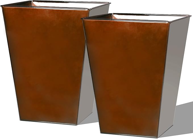 Worth Garden Large Metal Glazed Floor Planter Set of 2-14" Dia x 18" H - Luxurious Glossy Finish Red Tall Square Tapered Steel Plant Pots, Decor Flower Pot Indoor & Outdoor, Drainage Hole-Ruum Studio Home