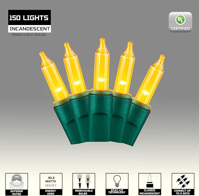 150LIGHTS Yellow Extra-Bright with End Connectors Christmas Decorative Lights 9.72m UL Certified Mini String Light Set Waterproof for Home Garden Holiday Christmas Tree Party Patio Wedding-Ruum Studio Home