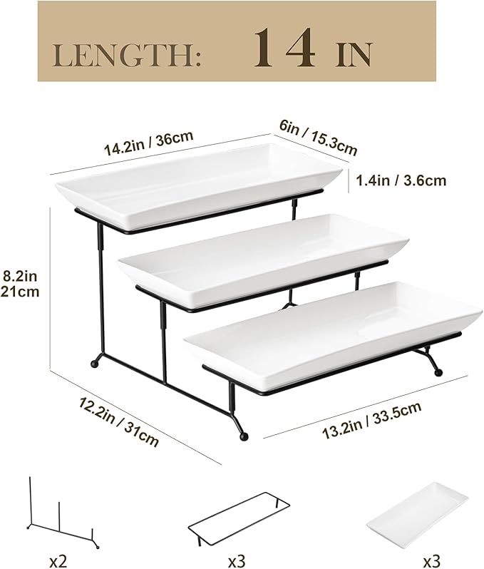 MALACASA 3 Tier Serving Tray, Porcelain Tiered Cupcake Stand, Ceramic Elevated Serving Platter with Collapsible Sturdier Rack,Series PLAT (White, 14 Inch)-Ruum Studio Home