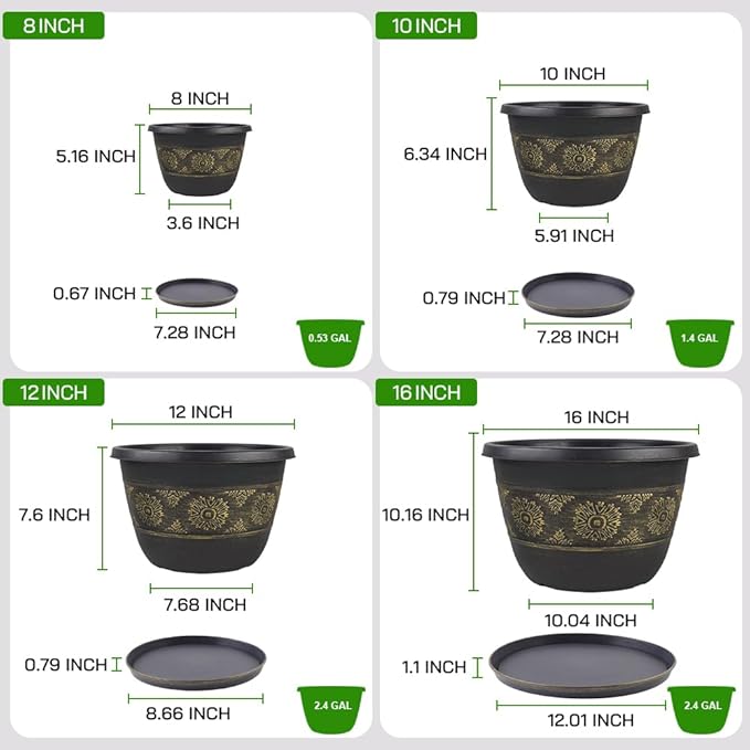 4 Pack 12 inch Plant Pots, Retro Pattern Planters with Drainage Holes and Saucer, Sturdy Plastic Garden Flower Pots for Indoor & Outdoor Plants-Ruum Studio Home