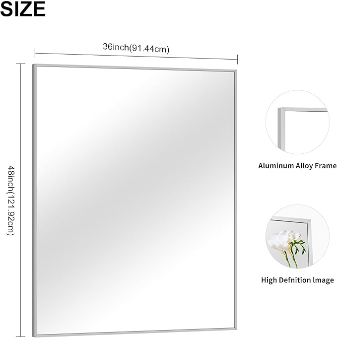 Silver Bathroom Mirror, 48"X36" Rectangle Mirrors for Wall Metal Frame, Bathroom Rectangular Mirror Modern Wall Mirror for Bedroom Living Room, Hangs Horizontal or Vertical-Ruum Studio Home