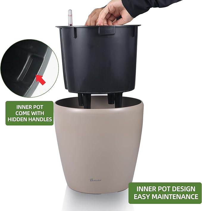 Dexceder 11x10 Inches Self Watering Planter Indoor Outdoor, Inner Pot Design, Thickened Table Flower Plant Pot with Water Level Indicator (Taupe Matte)-Ruum Studio Home