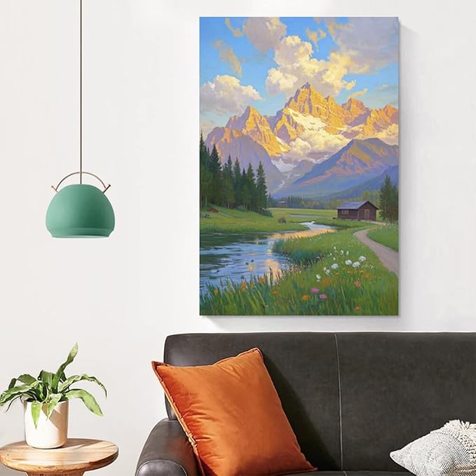 The mountain stream and lawn scenery under the sun is suitable for posting in the living room bedroom office landscape poster wall painting-Ruum Studio Home
