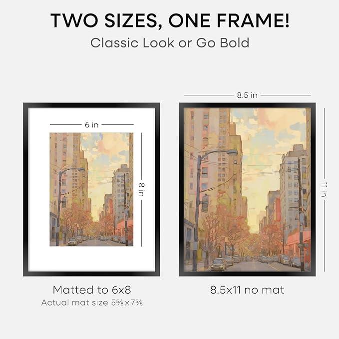 Homeforia Black Picture Frame 8.5 x 11, High End Metal 8.5x11 Poster Frames with Mat 6x8 Photo, 8.5 x 11 Frame Matted to 6 by 8 Art, 8.5by11 Wall or Tabletop Frames, Tempered Glass, Wall Kit, Set of 1-Ruum Studio Home