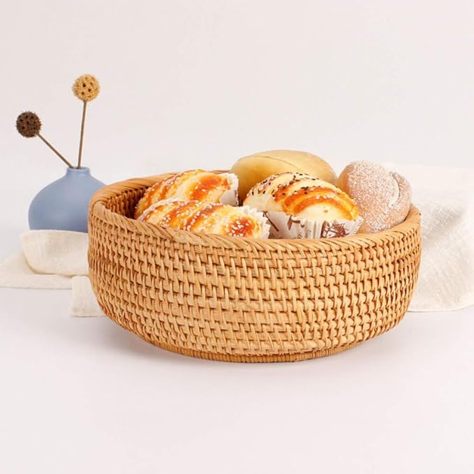 Hadewoven Round Rattan Fruit Basket Wicker Food Tray Weaving Storage Holder Dinning Room Bowl, 10 Inch Woven Bread Basket Key Bowls with 4”Wall for Table, Countertop (Large 9.8")-Ruum Studio Home