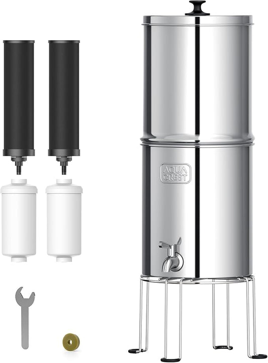 AQUA CREST Gravity Water Filter System, 304 Stainless Steel Countertop System with 4 Filters and Anti-Slip Stand, Reduce Fluoride and Chlorine, 2.25G, for Home, Camping, RVing, Off-Grid, Emergencies-Ruum Studio Home