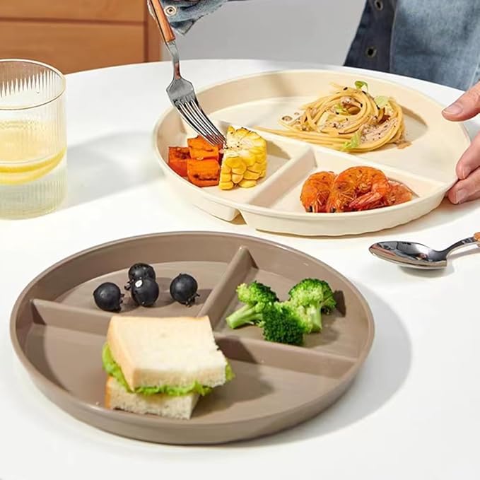 9" Unbreakable Divided Plates Set of 5, Wheat Straw Plate Reusable Dinnerware Portion Control Plate, Round Bariatric Plastic Plate for Kids Adults, BPA-free, Dishwasher Safe-Ruum Studio Home