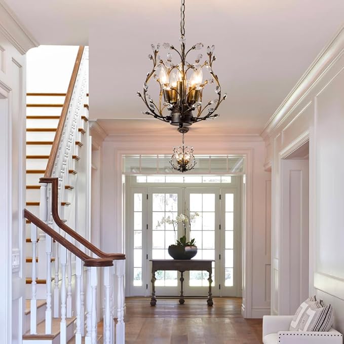 5-Light Vintage Crystal Branch Chandelier Farmhouse Hanging Pendant Light Fixtures for Living Room Dining Room Foyer Kitchen Island Hallway, Aged Bronze-Ruum Studio Home