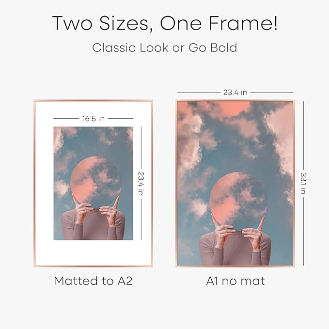 Homeforia A1 Poster Frame Rose Gold, High End Metal A1 Large Picture Frames with Mat A2 Photo, 23.4 x 33.1 Frames Matted to 16.5 x 23.4 Print, 23.4x33.1 Thin Frames, Tempered Glass, Wall Kit, Set of 1-Ruum Studio Home