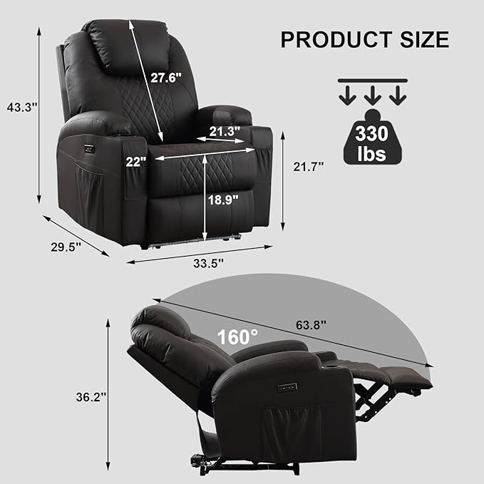 Power Recliner Chair with Heat and Massage, PU Leather Home Theater Seating with LED Lights/Cup Holders/Side Pocket/USB Port, Reclining Sofa Chair for Living Room (1, Brown)-Ruum Studio Home
