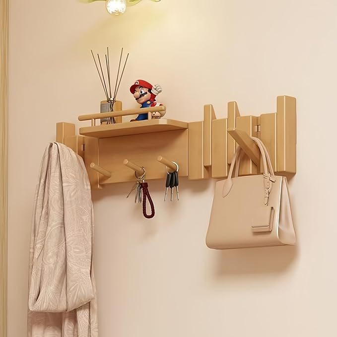 Wall Mounted Piano Key Hanger | Flip Style Hook | Entrance Wall Art Hook, Made of Oak Wood (3 Times Painted, 4 Times Polished) (Fence Beech, 8Hooks)-Ruum Studio Home