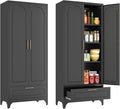 Black Pantry Kitchen Cabinet with Drawer, 75 Inch Metal Storage Cabinet with Doors and Shelves, Steel Food Pantries, Large Freestanding Cupboard for Living&Dining Room-Assemble Required-Ruum Studio Home