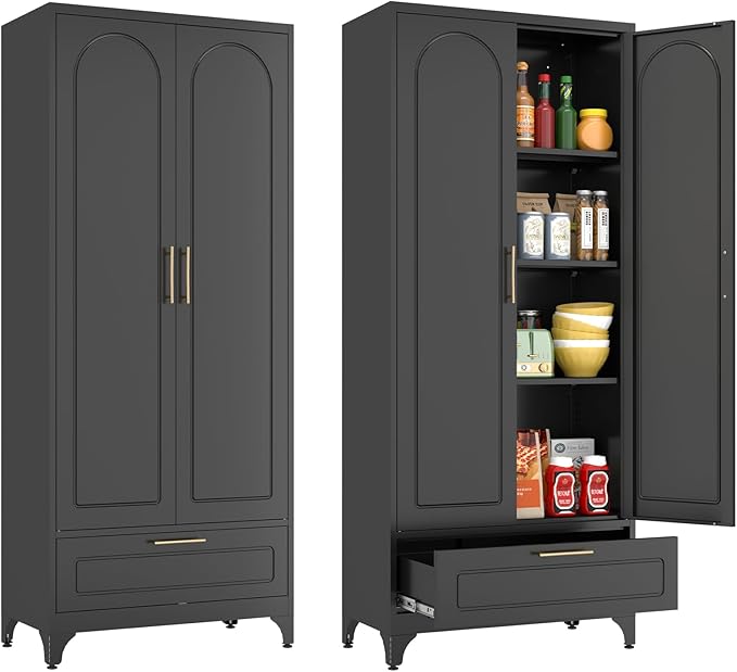 Black Pantry Kitchen Cabinet with Drawer, 75 Inch Metal Storage Cabinet with Doors and Shelves, Steel Food Pantries, Large Freestanding Cupboard for Living&Dining Room-Assemble Required-Ruum Studio Home