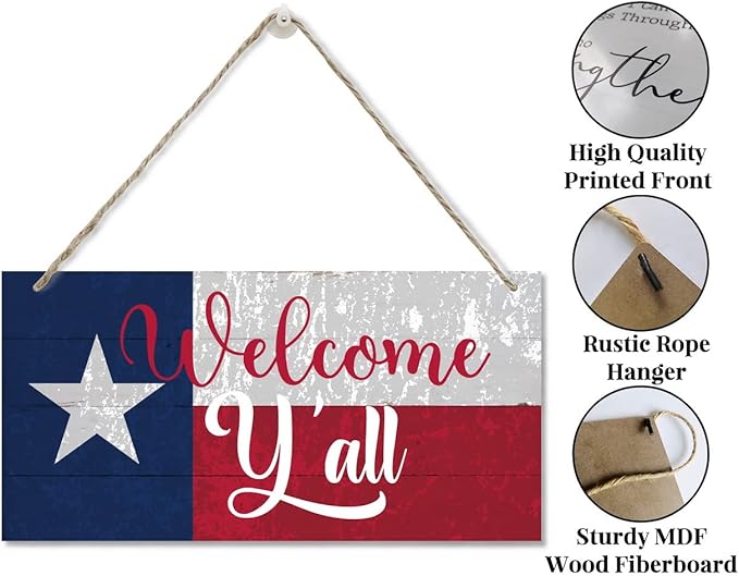 Welcome Y'all Decor Sign, Hanging Wood Sign Home Decorative, Printed Wood Wall Art Sign, Wooden Hanging Sign, Texas Flag Welcome Door Hanger, Welcome Sign for Front Door, Farmhouse Porch Decor 12*6in-Ruum Studio Home