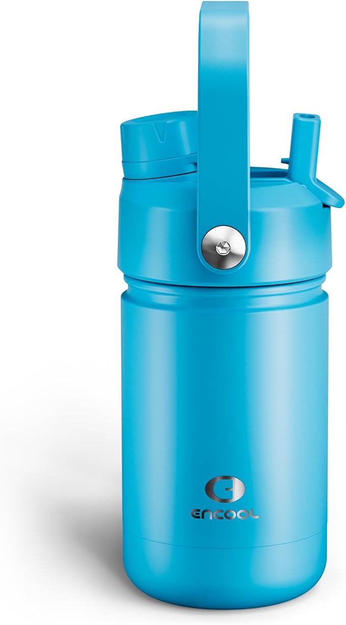 Kids Insualated Water Bottle with Straw - 12oz Stainless Steel Water Bottle with Dual Spouts, Leak-Proof, BPA-Free, Double Wall Vacuum Keeps Cold for 24 Hours for Sports, Travel, School (Azure Blue)-Ruum Studio Home