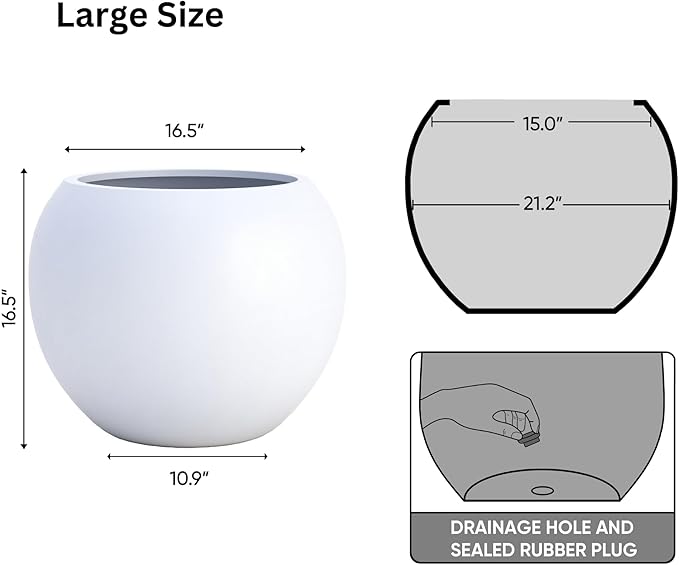 DTY Signature Mount Sherman Lightweight Durable Modern Fiberstone Sphere Planter for Indoor & Outdoor Drainage Hole & Rubber Plug Weather Resistant, 17" H x 21" Dia, 14.4" Opening - Large, White-Ruum Studio Home