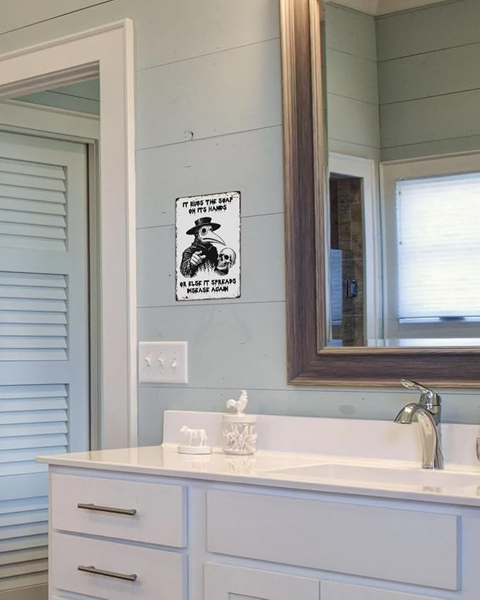 ALKB Halloween Bathroom Decor 8 x 12 Inch - Goth Plague Doctor Metal Tin Sign,Gothic Lovers Gifts,IT RUBS THE SOAP ON ITS HANDS-Ruum Studio Home