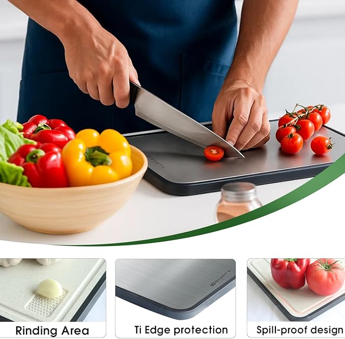 Titanium Cutting Boards for Kitchen, Double Sided Food-Grade Pure Titanium&Wheat Straw PP, Non-Toxic, Non-Slip, Dishwasher Safe, Ideal for Meat, Vegetables, Fruit 15.8 x 11''-Ruum Studio Home