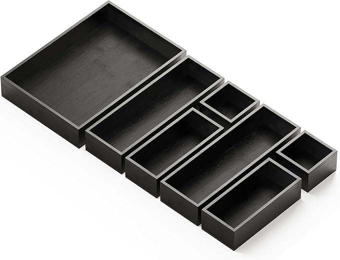 SpaceAid 7-Piece Bamboo Drawer Organizer Storage Boxes Set, Wood Tray Junk Drawer Organizers Multi-Use Divider Bins for Kitchen, Bathroom, Office Desk and Makeup Organization (7 Pack, Black)-Ruum Studio Home