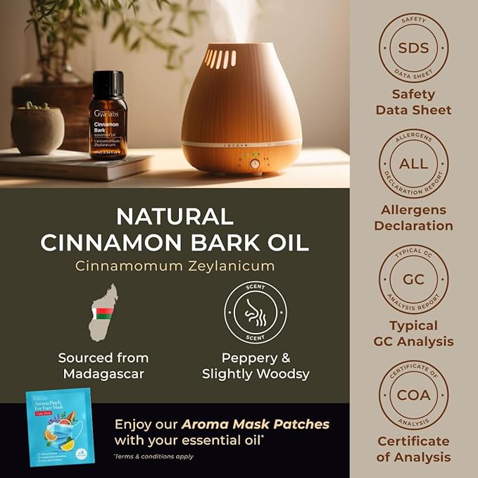 Gya Labs Cinnamon Essential Oil for Diffuser - 0.34 Fl Oz - 100% Pure Natural Cinnamon Bark Essential Oil for Skin, Hair, Lips Body & Candle Making Scent-Ruum Studio Home