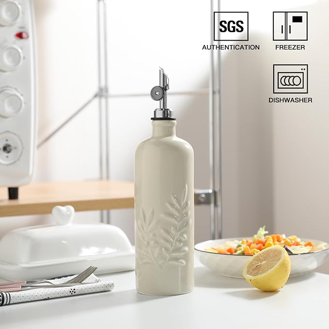 Sweejar 18 Oz Oil Dispenser for Kitchen with Gravity Spout, Ceramic Olive Oil Dispenser Bottle, Relief Opaque Vinegar Container for Evoo, Vinegar, Soy Sauce, Pack of 1(Beige, Silver Spout)-Ruum Studio Home