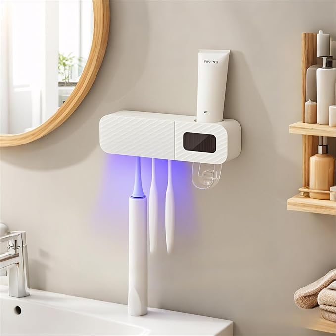 Smart Toothbrush Holder for Bathrooms, Toothbrush Cleaner Wall Mounted, Automatic Toothpaste Dispenser for Equipped with 3 Slots (White)-Ruum Studio Home