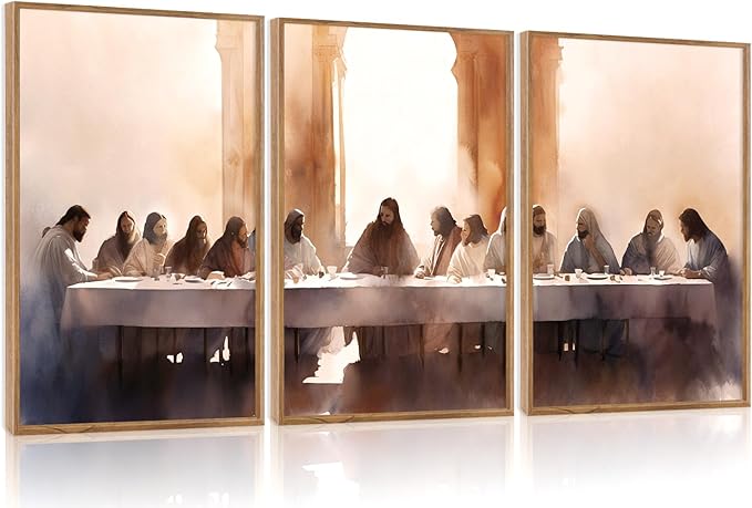 Aurlan Jesus Last Supper Bible Story Wall Art(16"x24"), 3PCS Boho Christ Christian Easter Gifts Canvas Artwork, Neutral Spiritual Religious Faith Decor Prints for Office Home-Ruum Studio Home