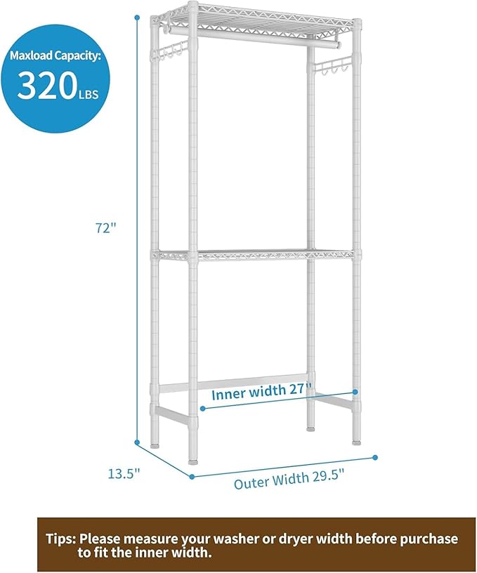 Over Washer and Dryer Shelves,2 Tier Adjustable Height Wire Shelving Laundry Room Storage Organization Clothes Drying Rack with Hanger Rod&Hooks,Space Saving Organizers Shelf,White-Ruum Studio Home