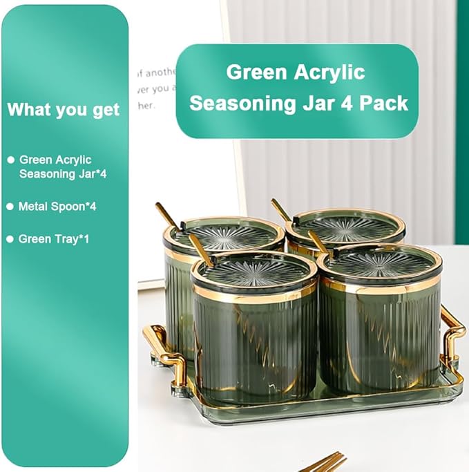 Acrylic Condiment Spice Jars,Condiment Spice Box With Lids and Spoons and Tray,Clear Plastic Condiment Canisters,Seasoning Box 4 Pack,Seasoning Box Set for Kitchen to Storage Salt,Paprika,Sugar-Ruum Studio Home