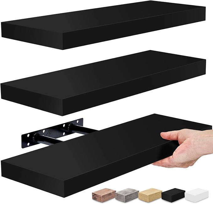 Sorbus Floating Shelves for Wall, Bathroom Shelves Wall Mounted for Kitchen, Bedroom, Bathroom Storage Over Toilet, Hanging Book Shelf for Wall Home Decor Living Room (Black, 3 Pack)-Ruum Studio Home