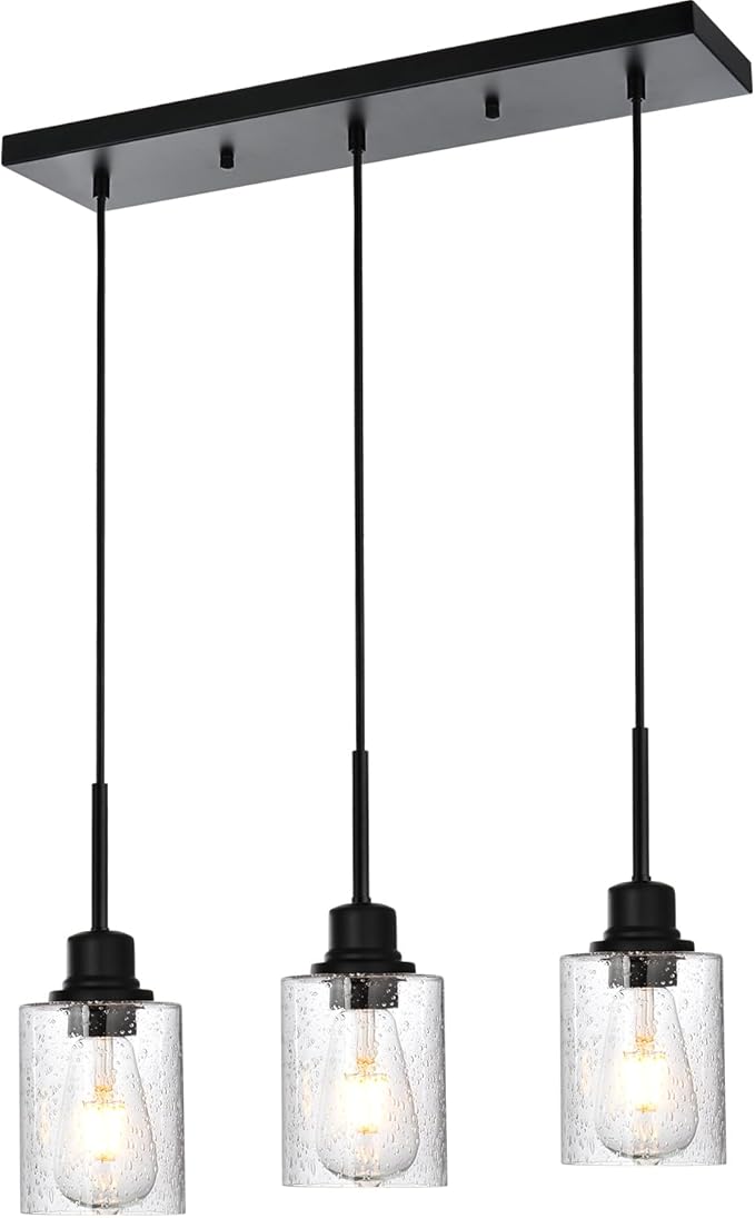 Modern 3-Light Pendant Island Light Fixture Black Ceiling Hanging Lights with Clear Seeded Glass and Adjustable Cord,Industrial Pendant Lighting for Kitchen Living Room Dining Room Foyer-Ruum Studio Home