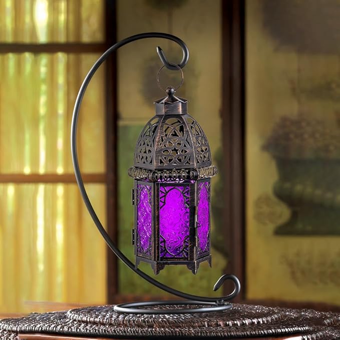 NEEDOMO Moroccan Candle Lantern, 12.8'' Hanging Lanterns Decorative Indoor Outdoor, Vintage Candle Holder for Chritsmas, Halloween, Table, Patio, Porch, Shelf, Gothic Home Decor (Purple)-Ruum Studio Home