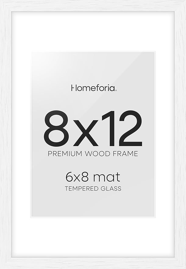 Homeforia 8x12 Picture Frame White, High End Oak 8 x 12 Wood Frames with Mat 6 by 8 Print, 8by12 Wooden Frame Matted to 6x8 inch Photo, 12x8 Wall or Tabletop Frames, Tempered Glass, Wall Kit, Set of 1-Ruum Studio Home