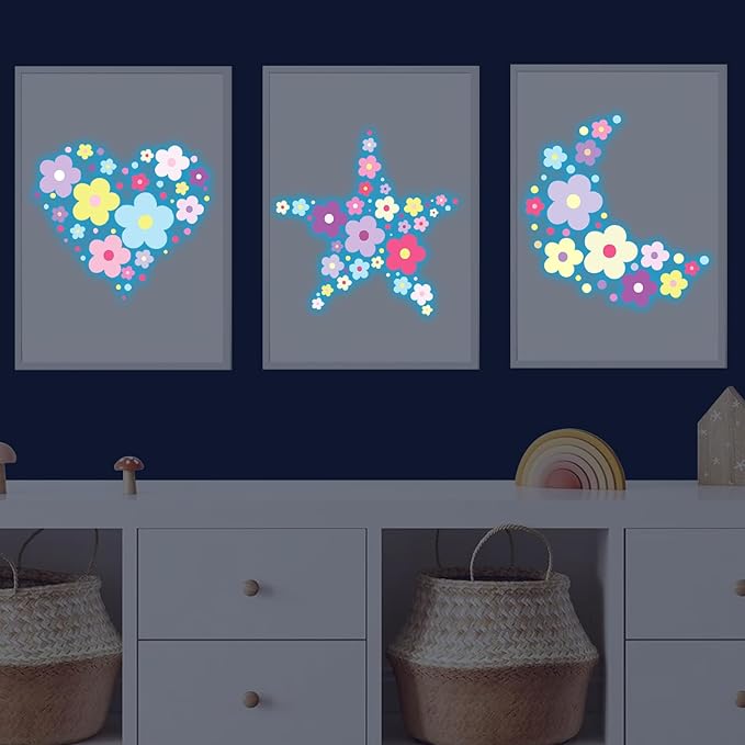 Glow in The Dark Y2k Cute Flowers Wall Decals，Glowing Luminous Colorful Floral Wall Stickers Colorful Removable self-Adhesive Preppy Hippie Stickers for Girls Bedroom-Ruum Studio Home