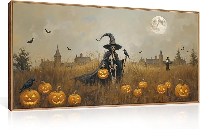Celestdeco Halloween Ghost Reaper Framed Wall Art Set, Scary Witchy and Pumpkin Wall Decor, Horror Night Wall Painting,Full Moon Bats Art Prints for Living Room,Bedroom,Halloween Themed Party Decor-20"×40"-Ruum Studio Home