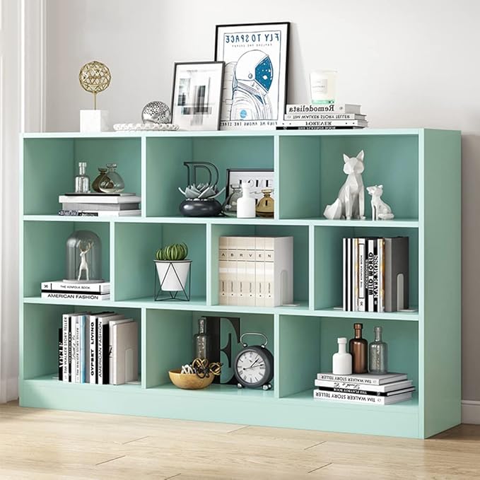 IOTXY Open Shelf Low Bookcase - Wooden 3-Tier Floor Standing Display Cabinet Organizer with Base, 10 Cubes Short Horizontal Bookshelf in Tiffany-Green-Ruum Studio Home