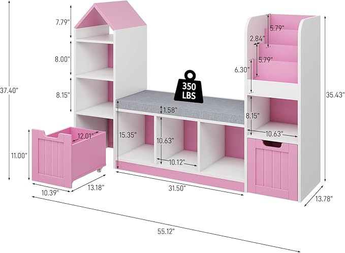 Toy Storage Organizer for Kids Bookshelf with Reading Nook, Multifunctional Kids Bookcase with 7 Storage Cubbies, 2 Movable Drawers and Seat Cushion for Keeping Kids' Toys Books Organized, Pink-Ruum Studio Home
