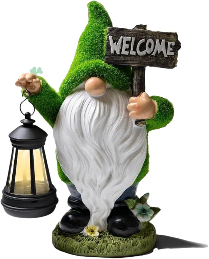 Solar Gnome Outdoor Garden Fall with Solar Lantern - 11’’Halloween Autumn Welcome Gnomes Decorations for Yard Patio (Green & White)-Ruum Studio Home