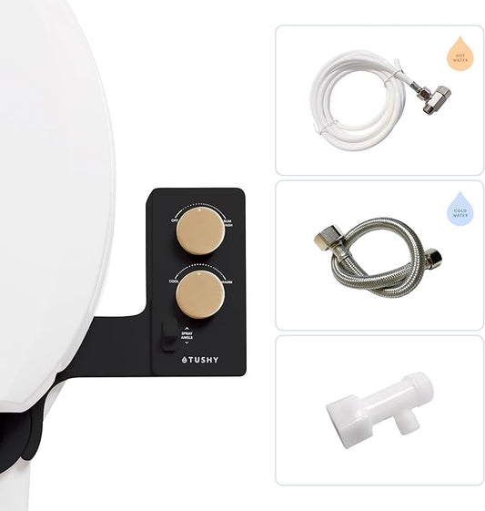 TUSHY 3.0 Spa Cool to Warm Water Bidet Attachment. Easy Universal Toilet Seat Install, Requires Sink Connection for Temperature Control. Fresh Self-Cleaning Clean Water, Noir/Gold-Ruum Studio Home