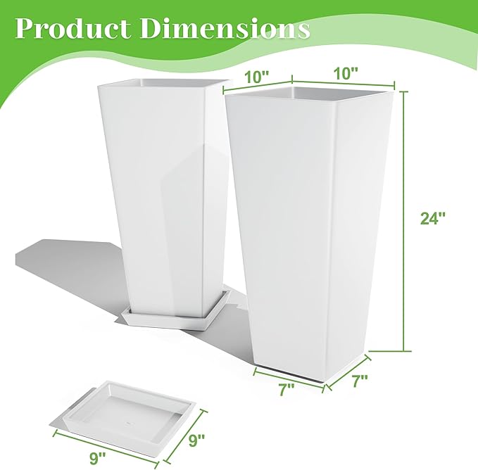 FENCY Set of 2 Tall Planters for Outdoor Plants, 24 Inch Large Tapered Pots with Drainage Trays, Weather-Resistant Plastic Plant Containers for Patio, Porch, Garden, Front Door Decor,White-Ruum Studio Home