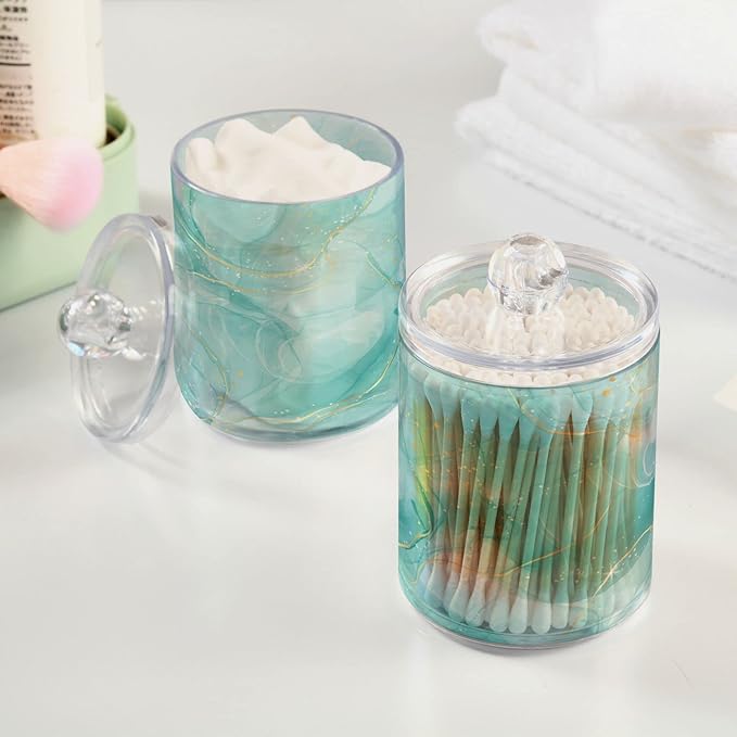 2 Pack Qtip Holder Dispenser Turquoise Marble Bathroom Storage Canister Lid Acrylic Plastic Apothecary Jar Set Vanity Makeup Organizer for Cotton Swabs/Pads/Floss-Ruum Studio Home