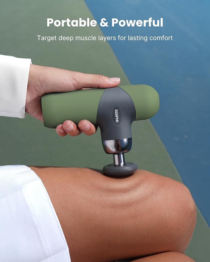 RENPHO Mini Thermal Massage Gun with Heat, Portable Deep Tissue Percussion Massager, Color Silicone Sleeves Travel Size with Carry Case, Olive Drab-Ruum Studio Home