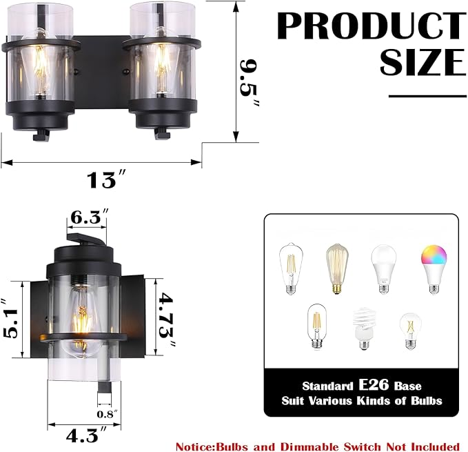 Bathroom Vanity Light Fixtures,2 Light Bathroom Vanity Lights,Black Farmhouse Sconce Over Mirror(Bulbs not Included)-Ruum Studio Home