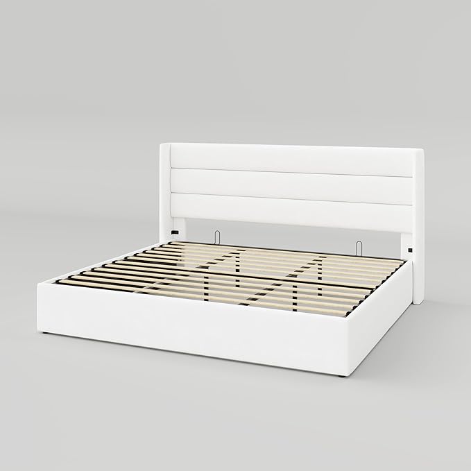 Allewie King Size Velvet Lift Up Storage Bed, Modern Wingback Headboard, Hydraulic Support, No Box Spring Needed, White-Ruum Studio Home