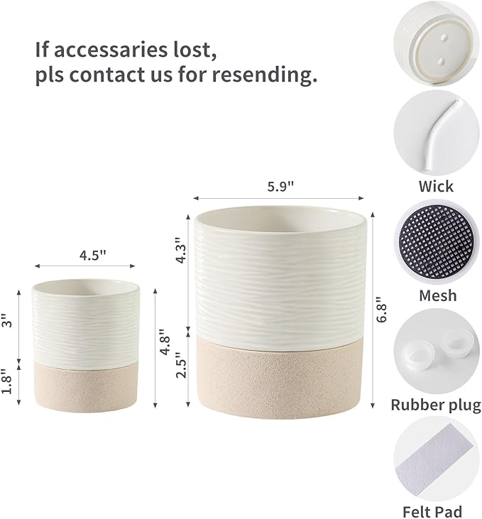 Nihow Self Watering Plant Pot for Indoor Plants: 4.5+6 Inch Ceramic Planter with Drainage Hole & Water Storage Plus - Cylinder Flower Pot with Wick for Herbs -White & Brown-Ruum Studio Home
