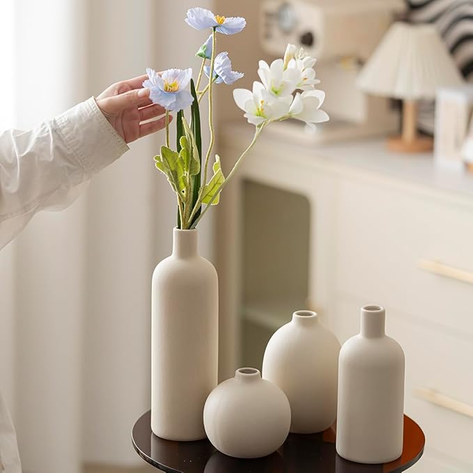 Modern Ceramic Vase Set, Neutral Colors, Decorative Vases for Home Decor, 4 Piece Collection (Beige)-Ruum Studio Home