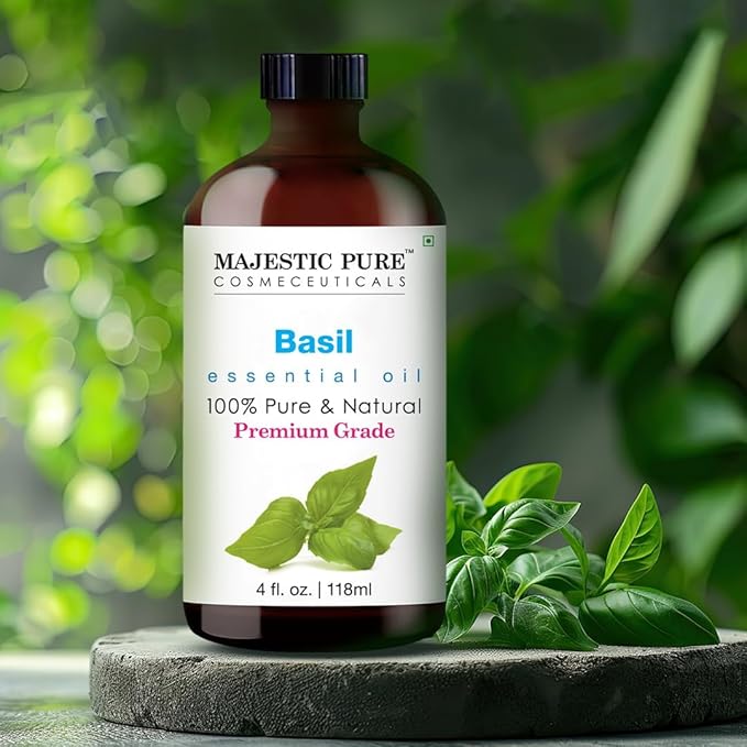 Majestic Pure Basil Essential Oil with Glass Dropper - Huge 4 Fl Oz - 100% Pure and Natural Basil Oil - Premium Grade Essential Oils for Diffuser, Aromatherapy, Soap and Candle Making-Ruum Studio Home